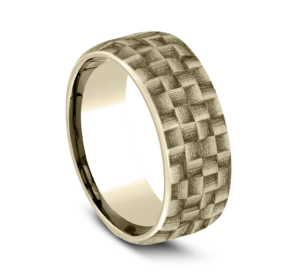 THE WEAVER 9mm, European comfort fit, 14K Yellow Gold, Wicker weave patterned center