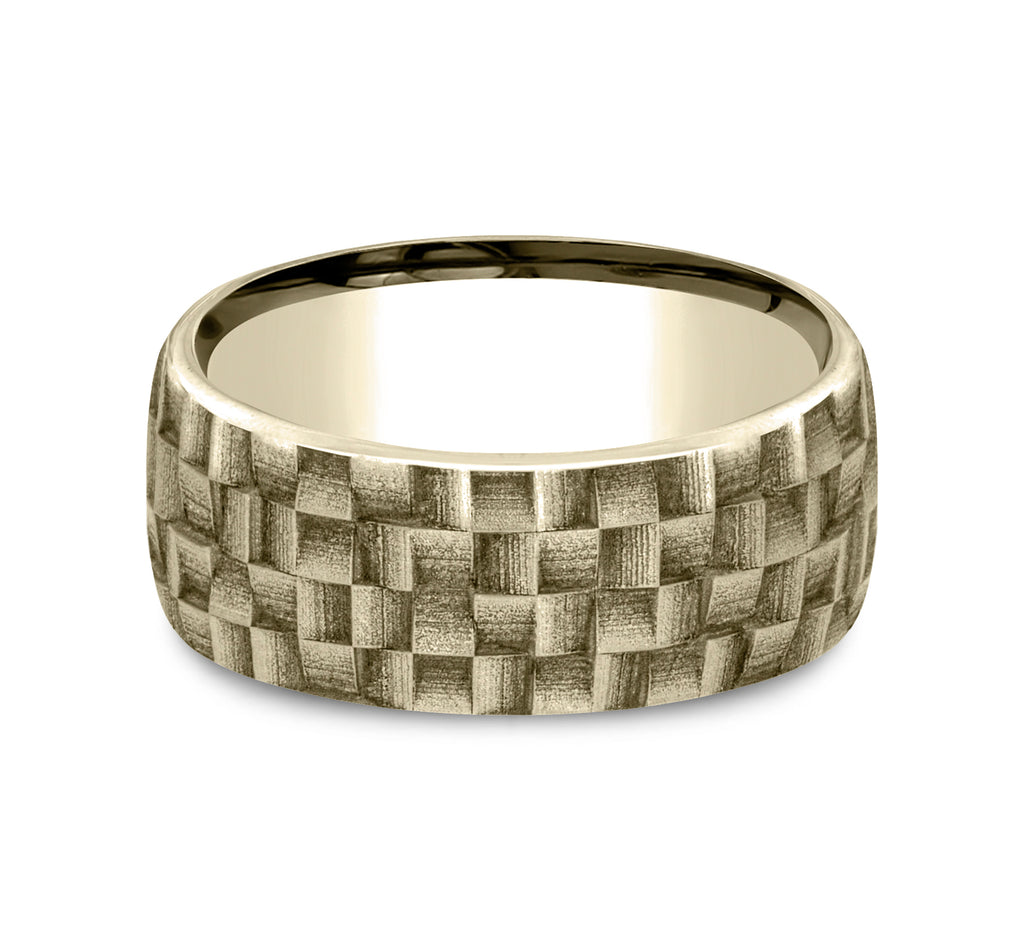 THE WEAVER 9mm, European comfort fit, 14K Yellow Gold, Wicker weave patterned center
