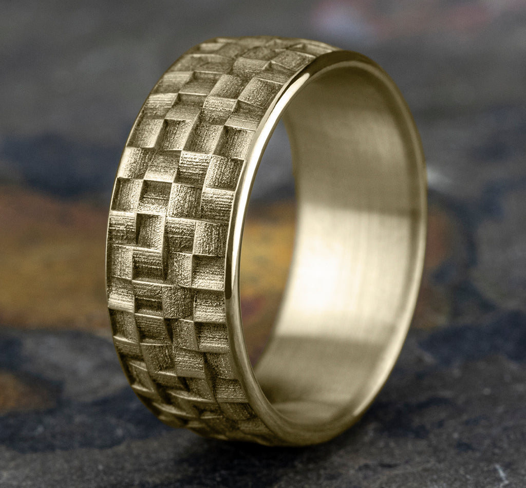THE WEAVER 9mm, European comfort fit, 14K Yellow Gold, Wicker weave patterned center