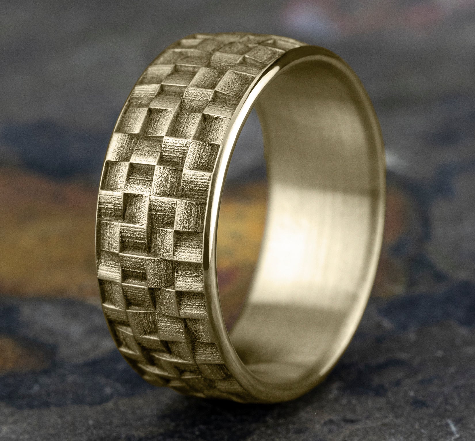THE WEAVER 9mm, European comfort fit, 14K Yellow Gold, Wicker weave patterned center