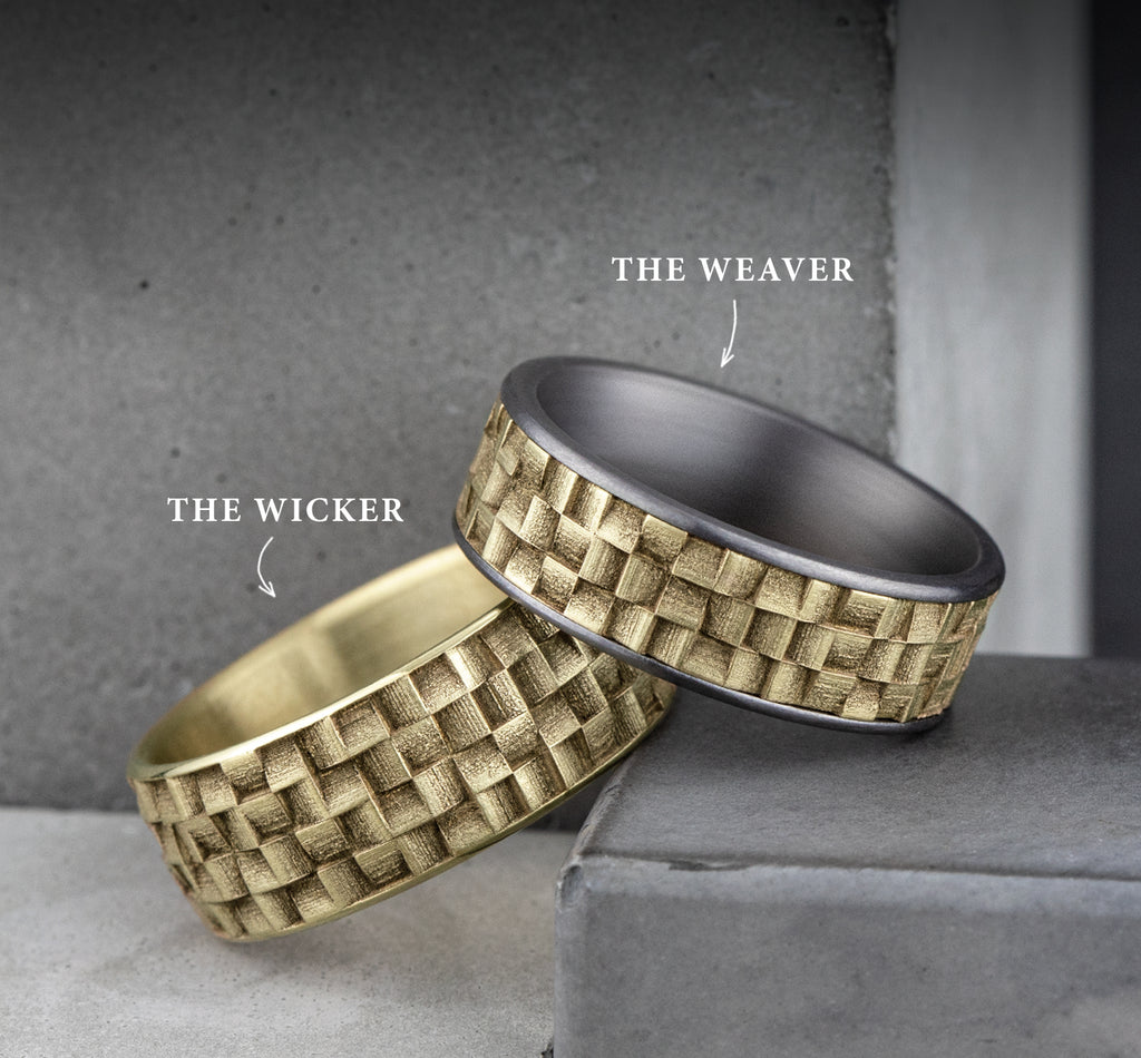 THE WEAVER 9mm, European comfort fit, 14K Yellow Gold, Wicker weave patterned center