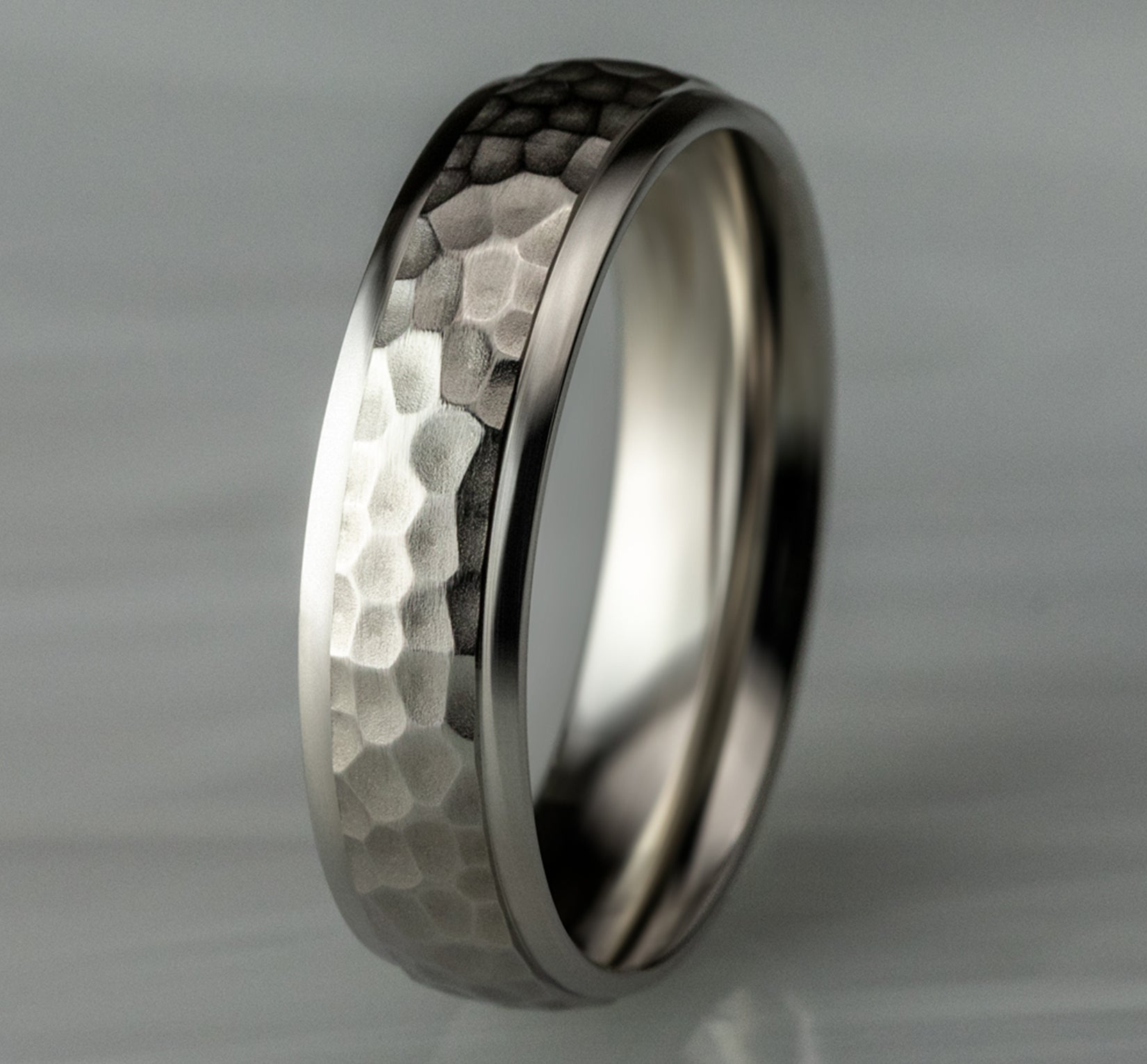 THE EMBER 6.5mm, Lightweight comfort fit, 14K White Gold, Hammered center, polished round edges