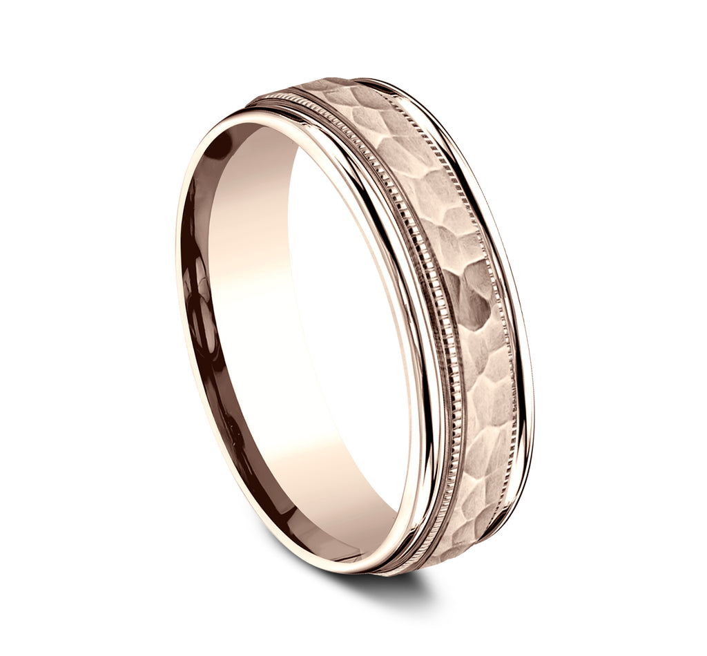 THE RIKER 6.5mm, Lightweight comfort fit, 14K Rose Gold, Hammered center, milgrain detailing, polished round edges