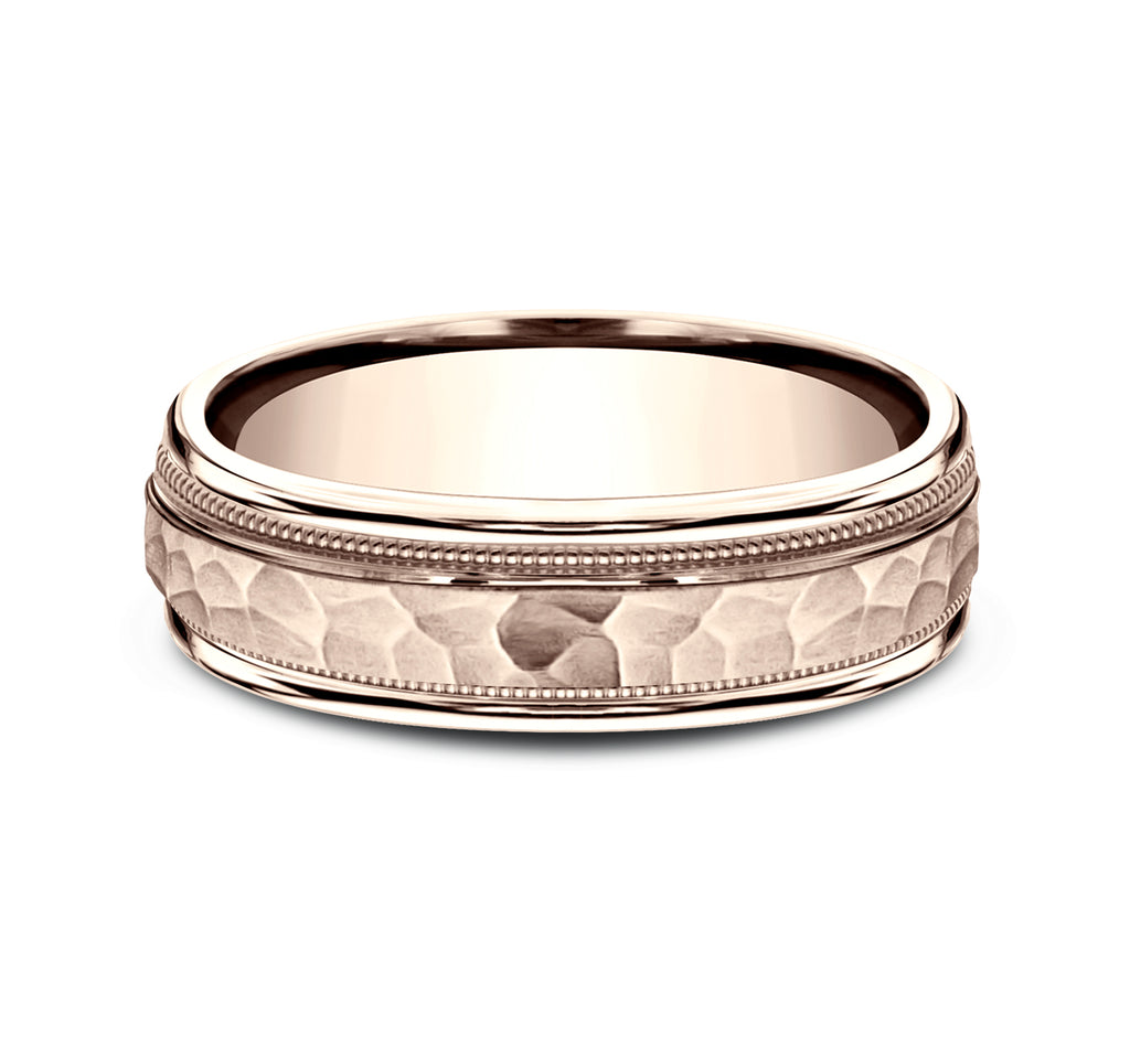 THE RIKER 6.5mm, Lightweight comfort fit, 14K Rose Gold, Hammered center, milgrain detailing, polished round edges