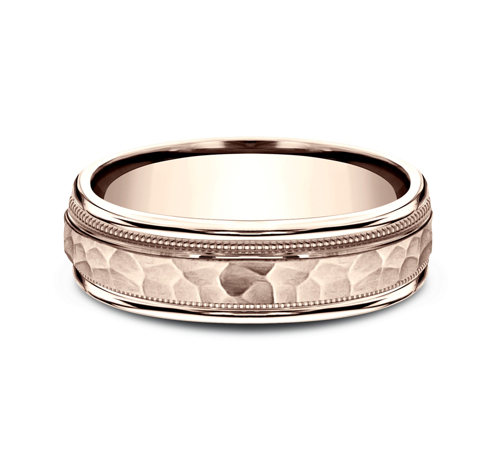 THE RIKER 6.5mm, Lightweight comfort fit, 14K Rose Gold, Hammered center, milgrain detailing, polished round edges
