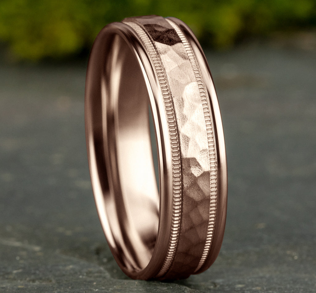 THE RIKER 6.5mm, Lightweight comfort fit, 14K Rose Gold, Hammered center, milgrain detailing, polished round edges