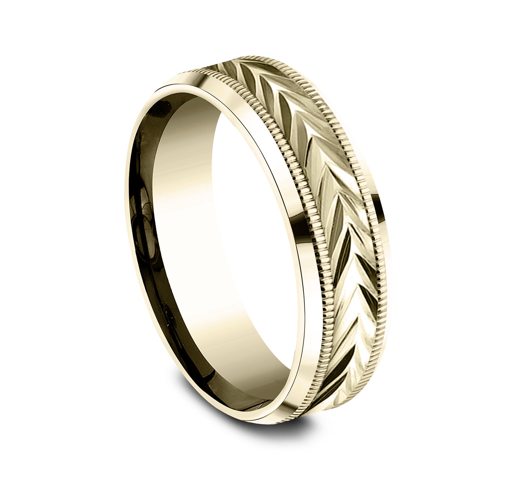 THE DISTRICT 7mm, Lightweight comfort fit, 14K Yellow Gold, Wheat pattern with milgrain detail, polished bevel edges