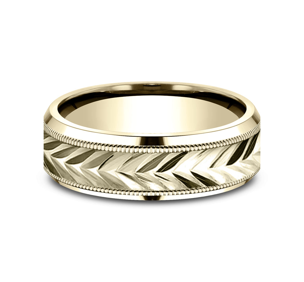THE DISTRICT 7mm, Lightweight comfort fit, 14K Yellow Gold, Wheat pattern with milgrain detail, polished bevel edges