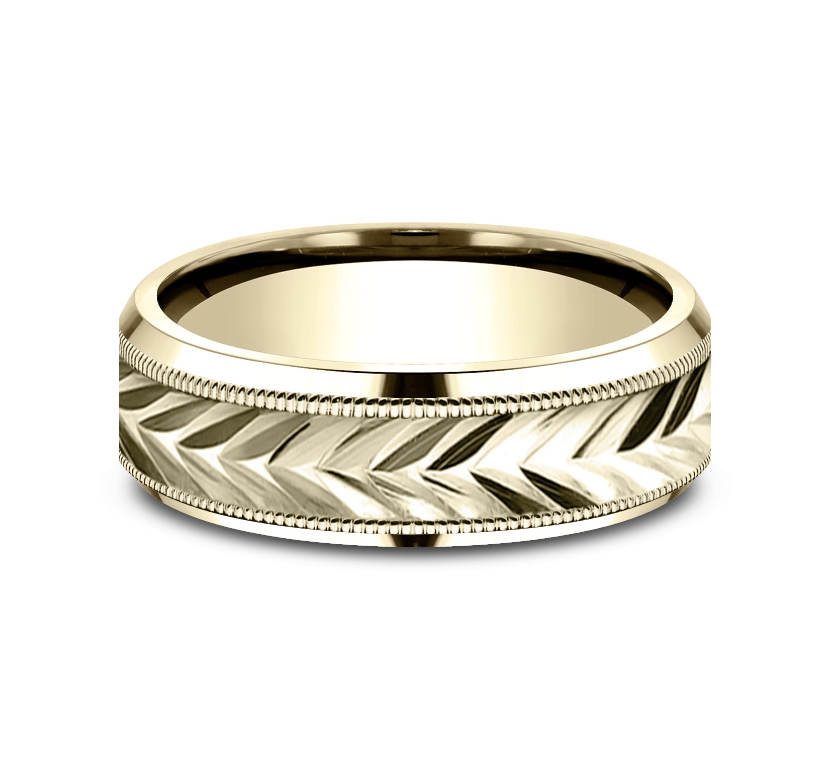 THE DISTRICT 7mm, Lightweight comfort fit, 14K Yellow Gold, Wheat pattern with milgrain detail, polished bevel edges