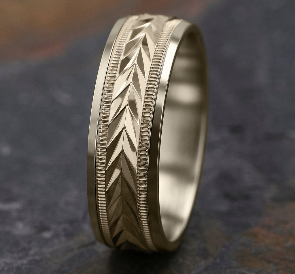 THE DISTRICT 7mm, Lightweight comfort fit, 14K Yellow Gold, Wheat pattern with milgrain detail, polished bevel edges