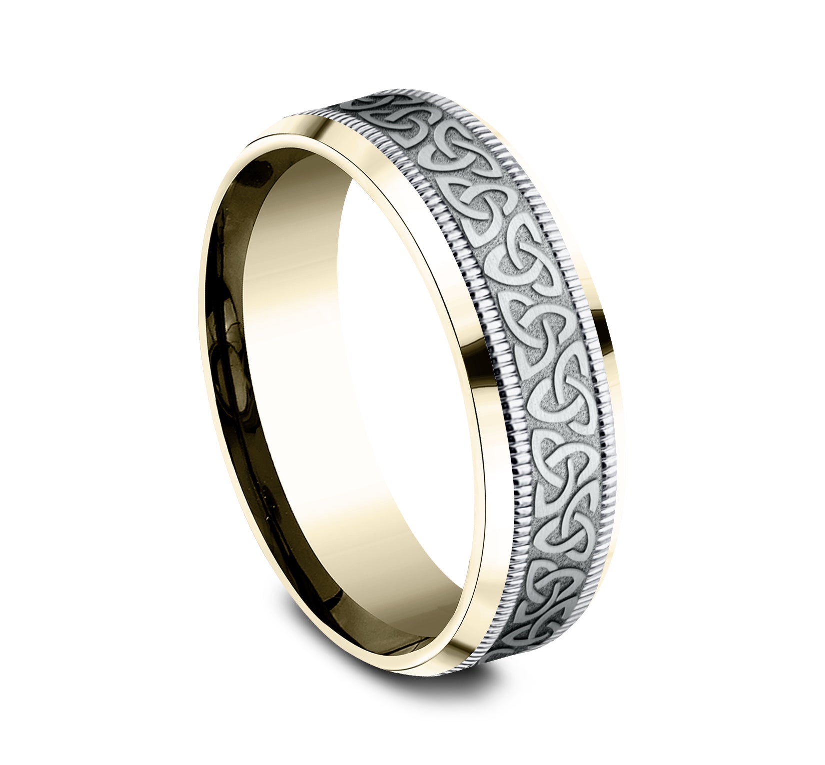 THE WEXFORD 7mm, Lightweight comfort fit, 14K Yellow and White Gold, Celtic knot pattern with milgrain detail, polished bevel edges