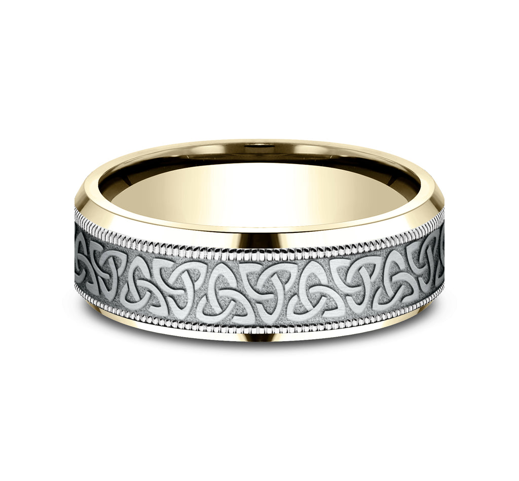 THE WEXFORD 7mm, Lightweight comfort fit, 14K Yellow and White Gold, Celtic knot pattern with milgrain detail, polished bevel edges