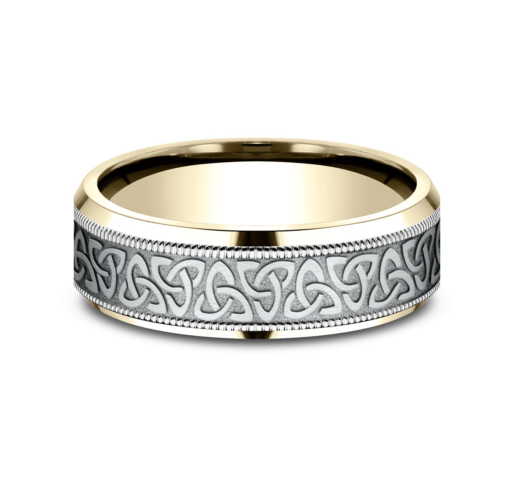 THE WEXFORD 7mm, Lightweight comfort fit, 14K Yellow and White Gold, Celtic knot pattern with milgrain detail, polished bevel edges