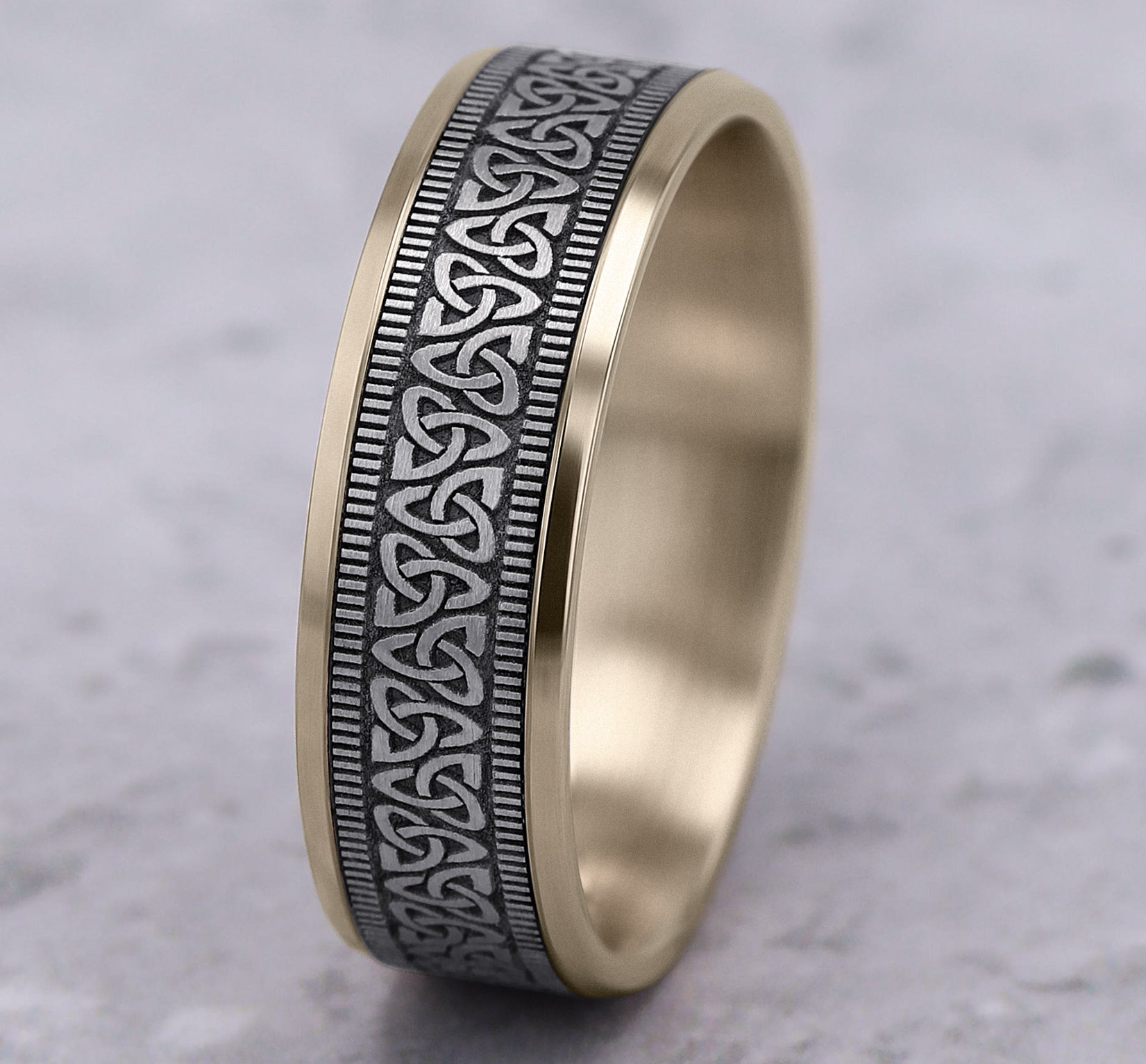 THE WEXFORD 7mm, Lightweight comfort fit, 14K Yellow and White Gold, Celtic knot pattern with milgrain detail, polished bevel edges