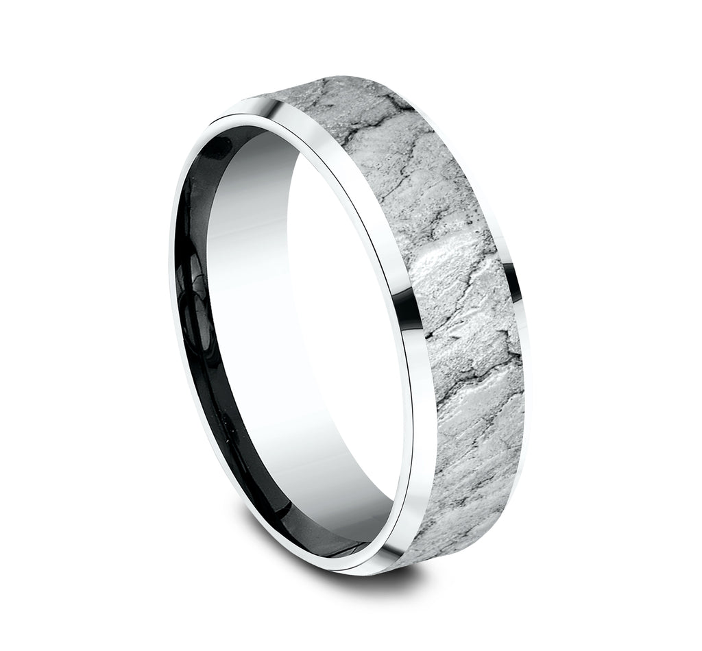 THE CALDERA 7mm, Lightweight comfort fit, 14K White Gold, Lava rock textured center, polished bevel edges