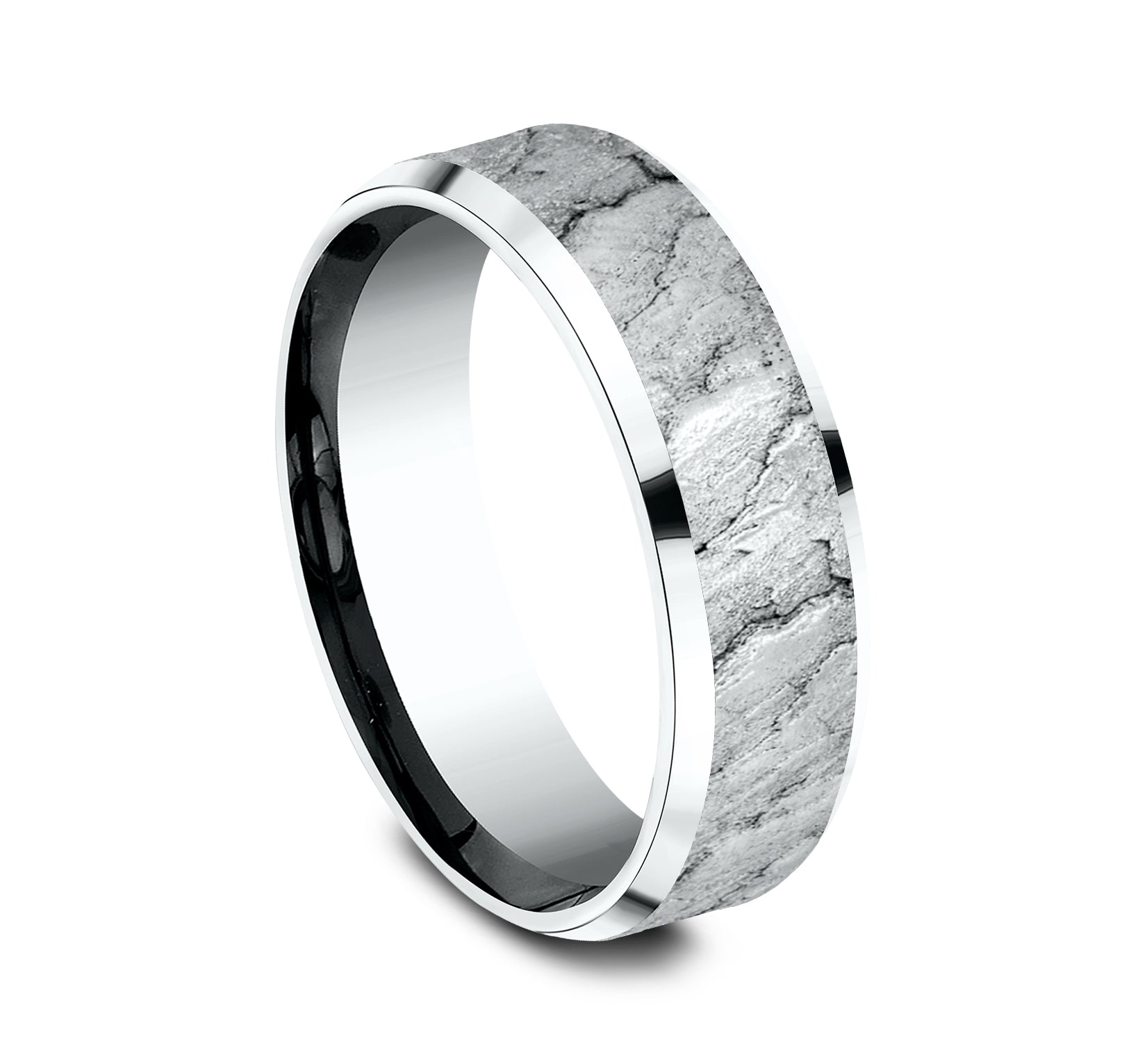THE CALDERA 7mm, Lightweight comfort fit, 14K White Gold, Lava rock textured center, polished bevel edges