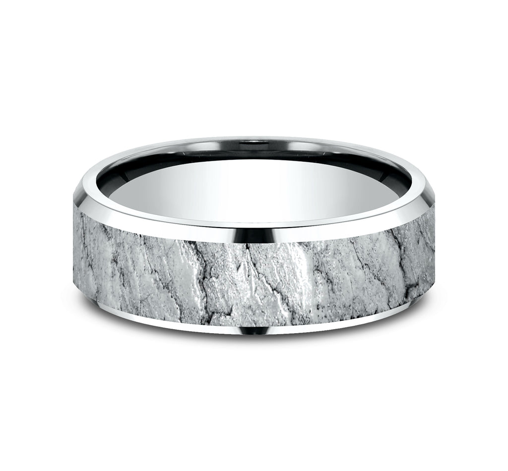THE CALDERA 7mm, Lightweight comfort fit, 14K White Gold, Lava rock textured center, polished bevel edges