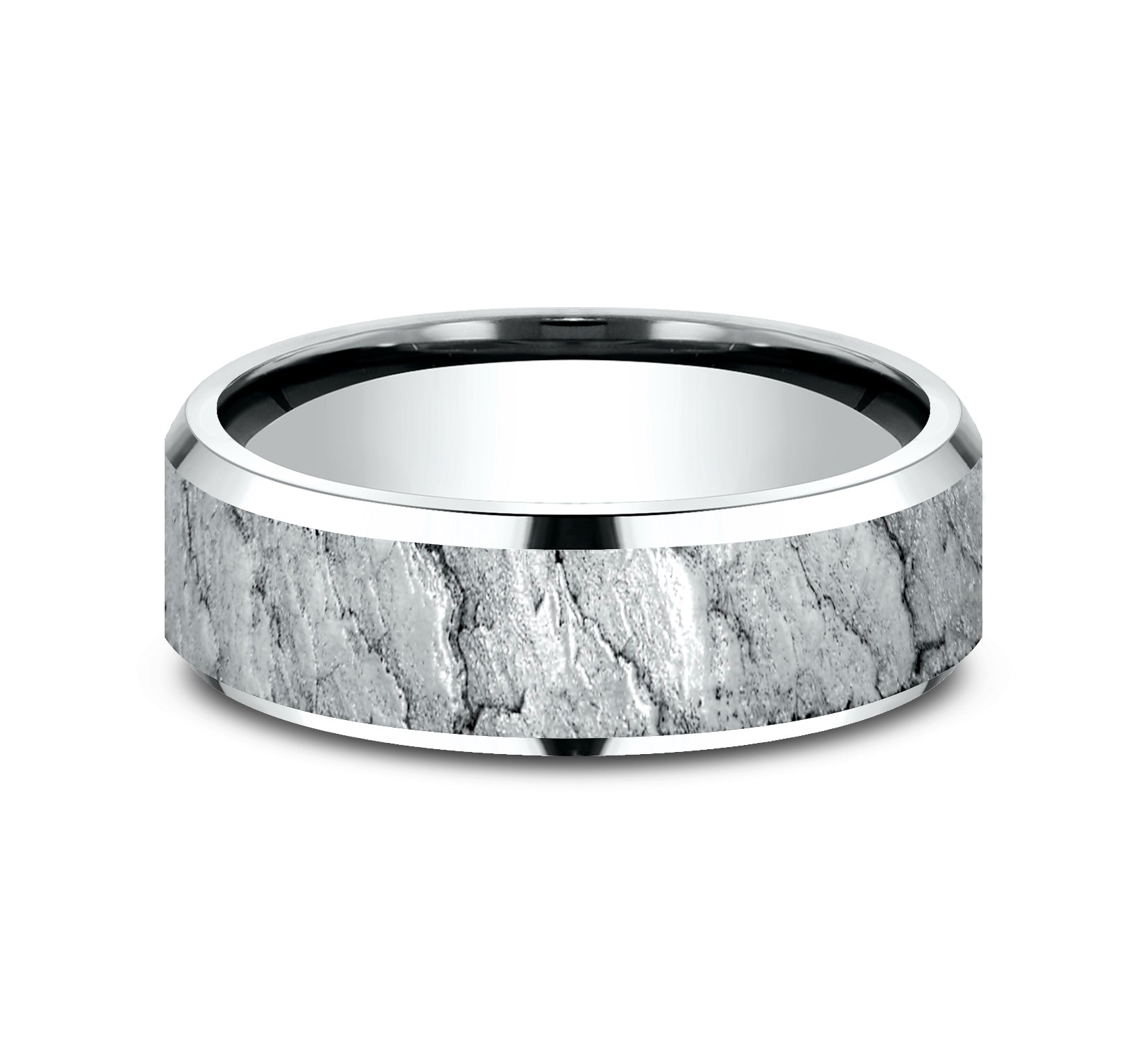 THE CALDERA 7mm, Lightweight comfort fit, 14K White Gold, Lava rock textured center, polished bevel edges