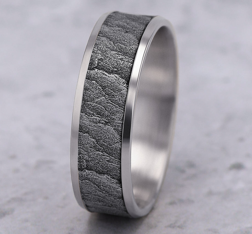 THE CALDERA 7mm, Lightweight comfort fit, 14K White Gold, Lava rock textured center, polished bevel edges