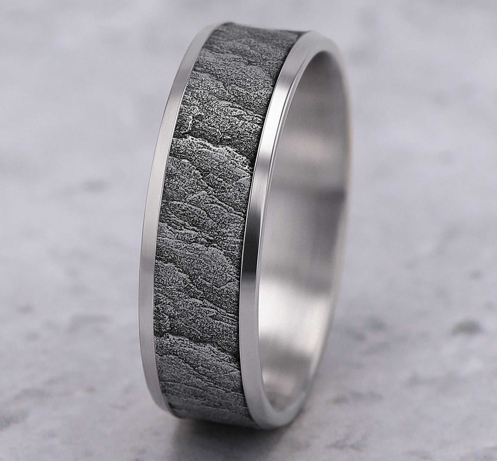 THE CALDERA 7mm, Lightweight comfort fit, 14K White Gold, Lava rock textured center, polished bevel edges