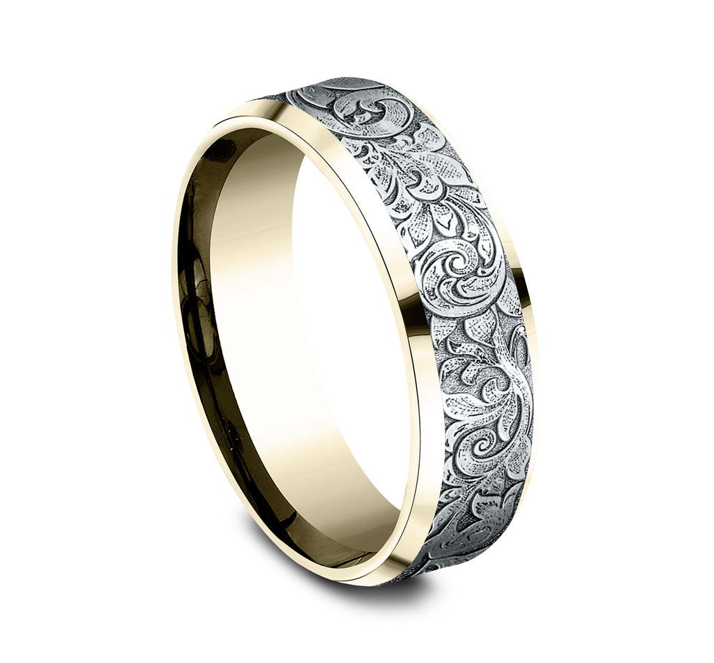 THE REGENCY 7mm, Lightweight comfort fit, 14K Yellow and White Gold, London script patterned center, polished bevel edges