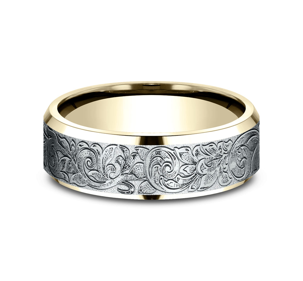 THE REGENCY 7mm, Lightweight comfort fit, 14K Yellow and White Gold, London script patterned center, polished bevel edges