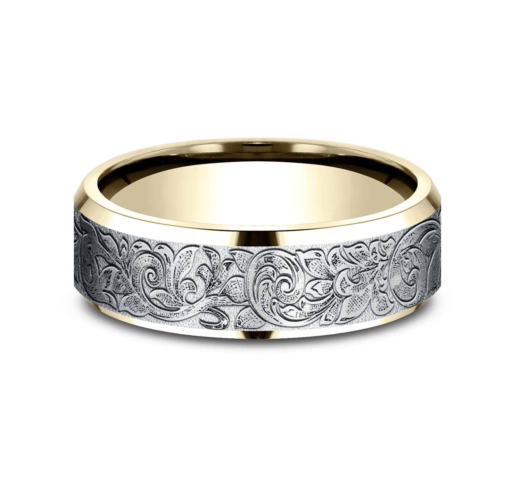 THE REGENCY 7mm, Lightweight comfort fit, 14K Yellow and White Gold, London script patterned center, polished bevel edges