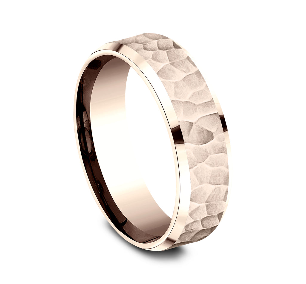 THE VILLA 7mm, Lightweight comfort fit, 14K Rose Gold, Satin hammered center, polished bevel edges