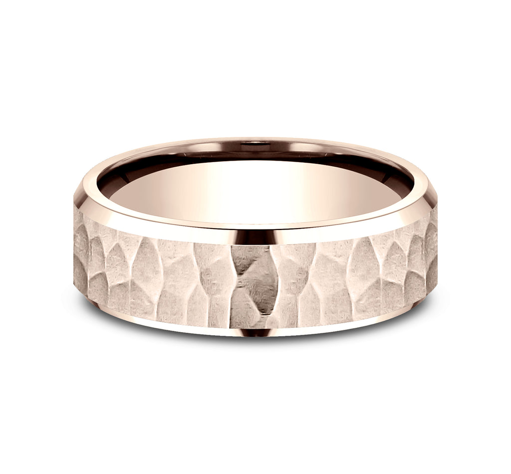 THE VILLA 7mm, Lightweight comfort fit, 14K Rose Gold, Satin hammered center, polished bevel edges