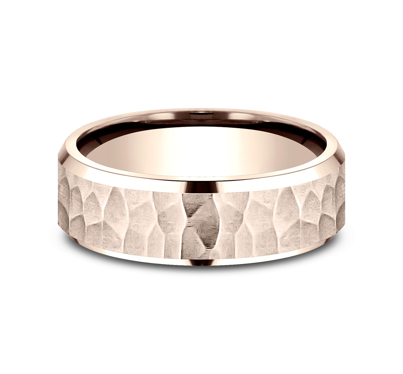 THE VILLA 7mm, Lightweight comfort fit, 14K Rose Gold, Satin hammered center, polished bevel edges