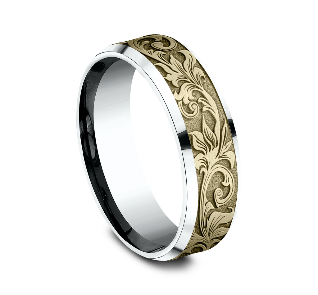 THE THRONE 7mm, Lightweight comfort fit, 14K White and Yellow Gold, Vintage script pattern, polished bevel edges