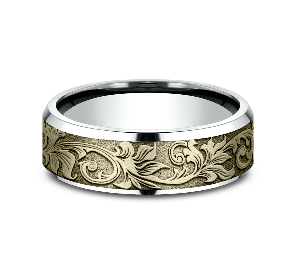 THE THRONE 7mm, Lightweight comfort fit, 14K White and Yellow Gold, Vintage script pattern, polished bevel edges