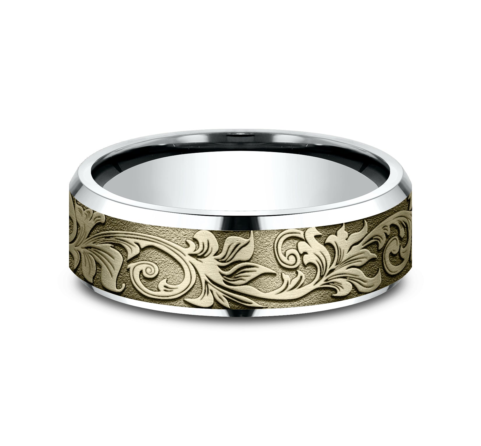 THE THRONE 7mm, Lightweight comfort fit, 14K White and Yellow Gold, Vintage script pattern, polished bevel edges