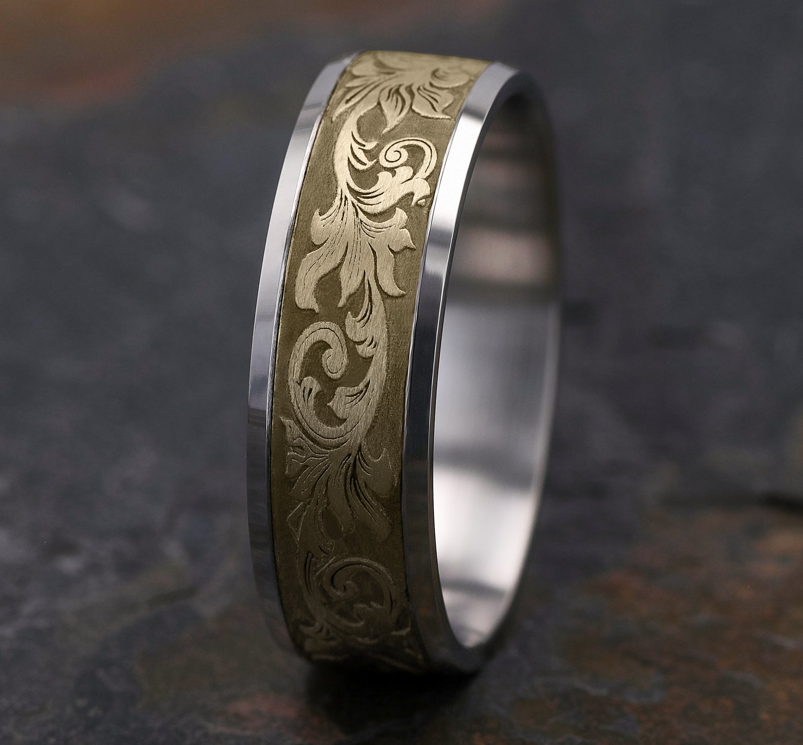THE THRONE 7mm, Lightweight comfort fit, 14K White and Yellow Gold, Vintage script pattern, polished bevel edges