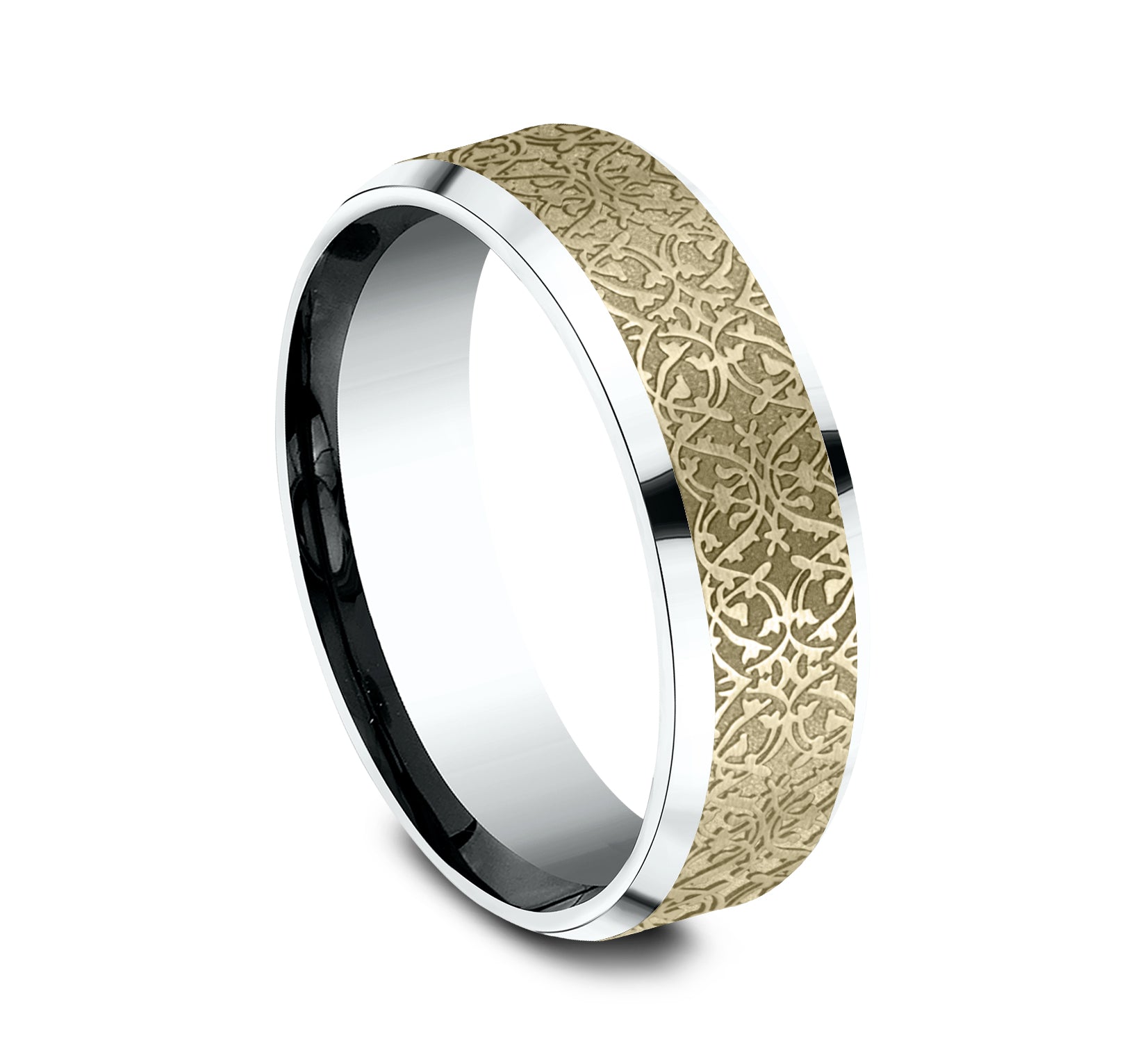THE DOMAIN 7mm, Lightweight comfort fit, 14K White and Yellow Gold, Ottoman pattern, polished bevel edges