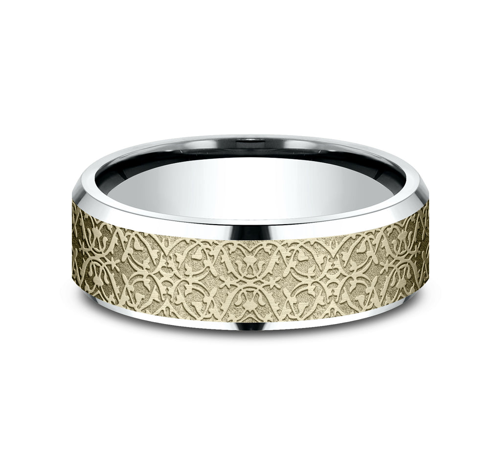 THE DOMAIN 7mm, Lightweight comfort fit, 14K White and Yellow Gold, Ottoman pattern, polished bevel edges