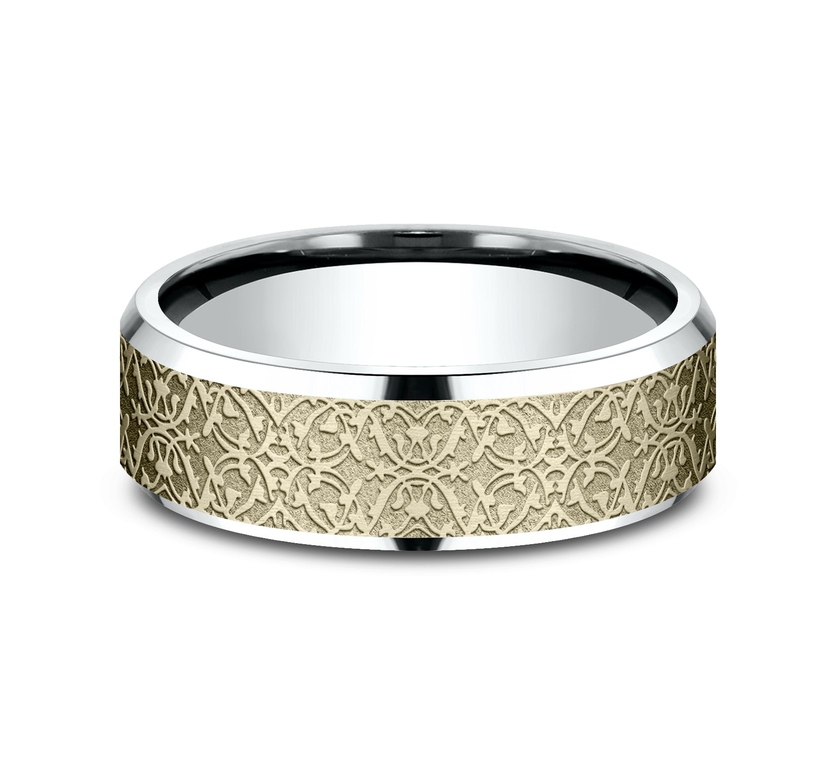 THE DOMAIN 7mm, Lightweight comfort fit, 14K White and Yellow Gold, Ottoman pattern, polished bevel edges
