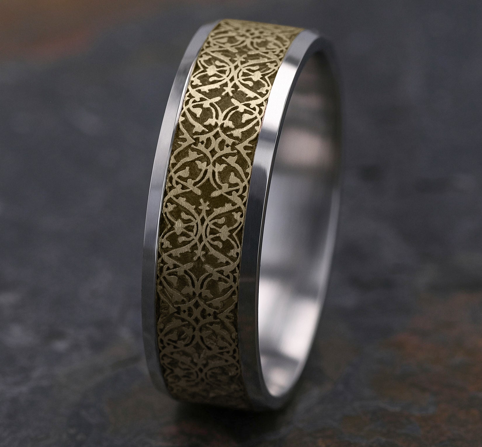 THE DOMAIN 7mm, Lightweight comfort fit, 14K White and Yellow Gold, Ottoman pattern, polished bevel edges