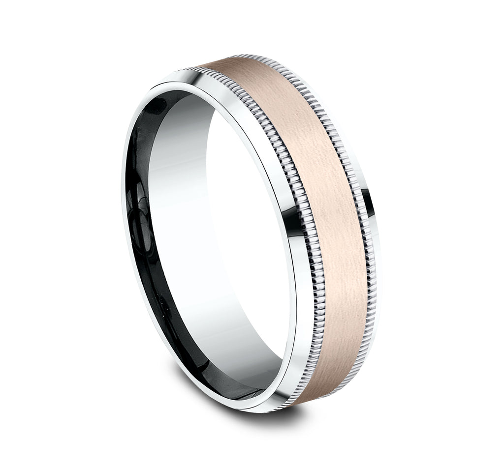 THE SAGE 7mm, Lightweight comfort fit, 14K White and Rose Gold, Satin center, milgrain detailing, polished bevel edges