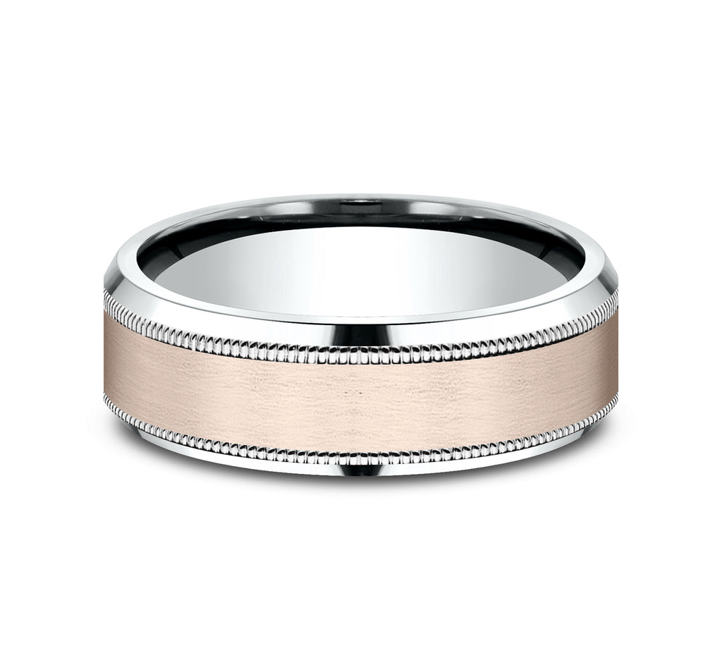 THE SAGE 7mm, Lightweight comfort fit, 14K White and Rose Gold, Satin center, milgrain detailing, polished bevel edges