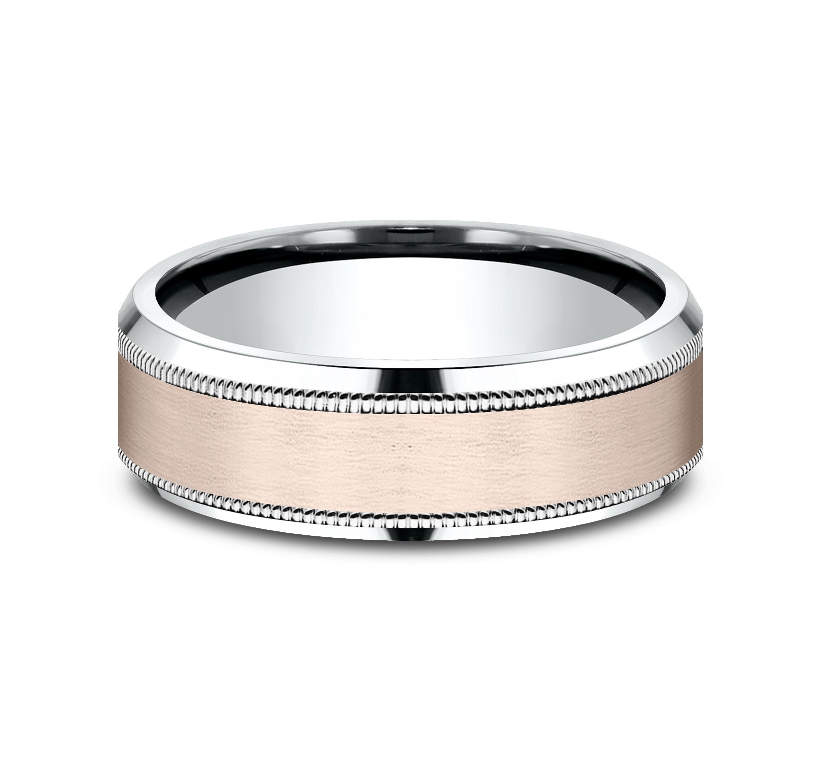 THE SAGE 7mm, Lightweight comfort fit, 14K White and Rose Gold, Satin center, milgrain detailing, polished bevel edges