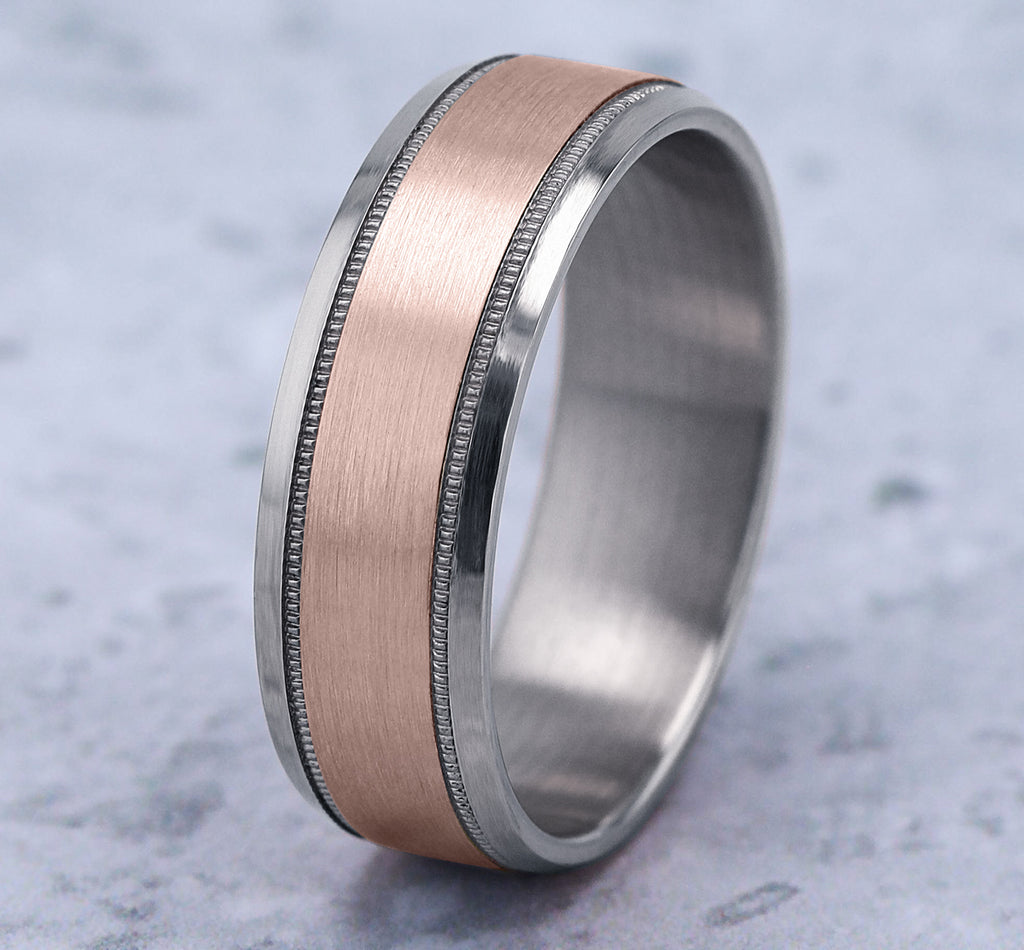 THE SAGE 7mm, Lightweight comfort fit, 14K White and Rose Gold, Satin center, milgrain detailing, polished bevel edges