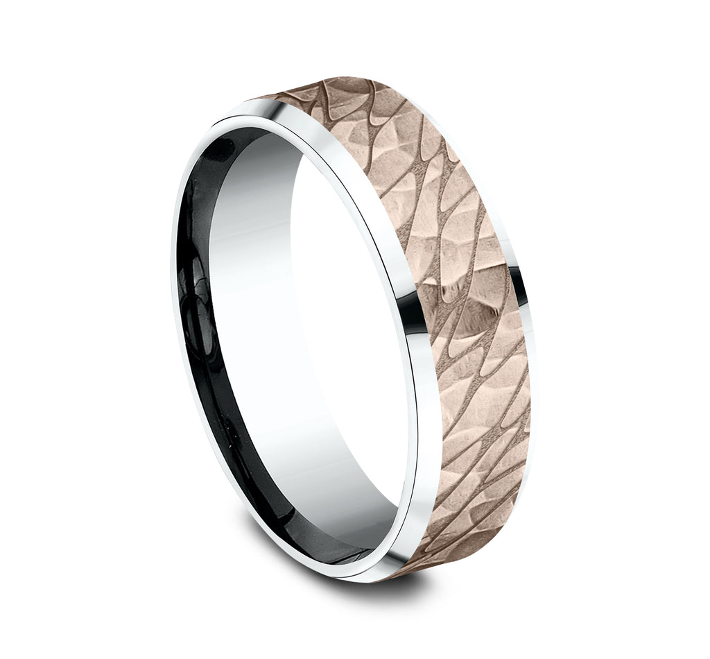 THE LOCH 7mm, Lightweight comfort fit, 14K White and Rose Gold, Pebble pattern with hammered finish, polished bevel edges