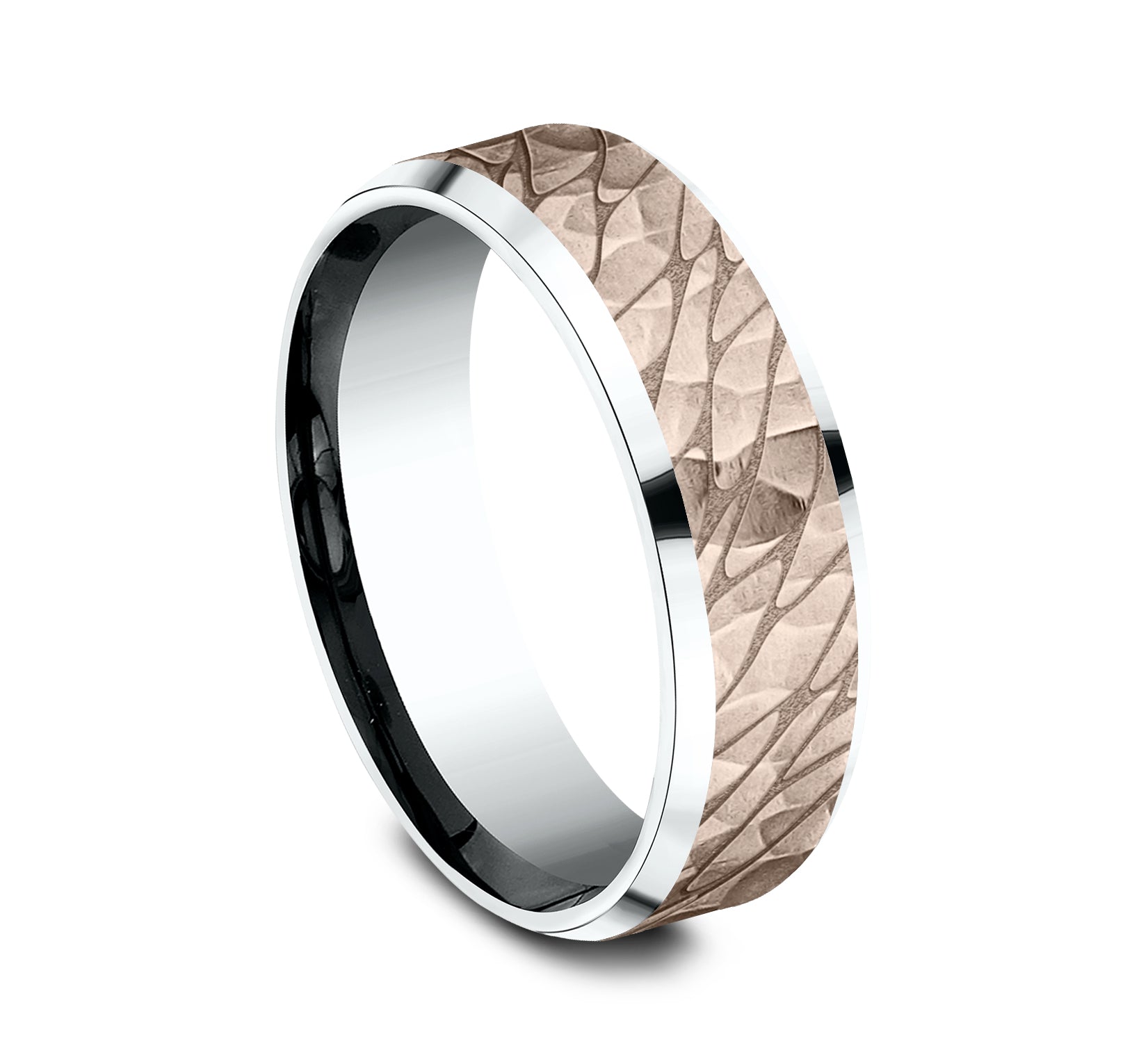 THE LOCH 7mm, Lightweight comfort fit, 14K White and Rose Gold, Pebble pattern with hammered finish, polished bevel edges