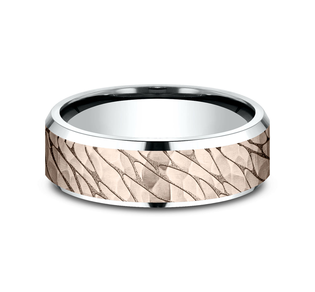 THE LOCH 7mm, Lightweight comfort fit, 14K White and Rose Gold, Pebble pattern with hammered finish, polished bevel edges