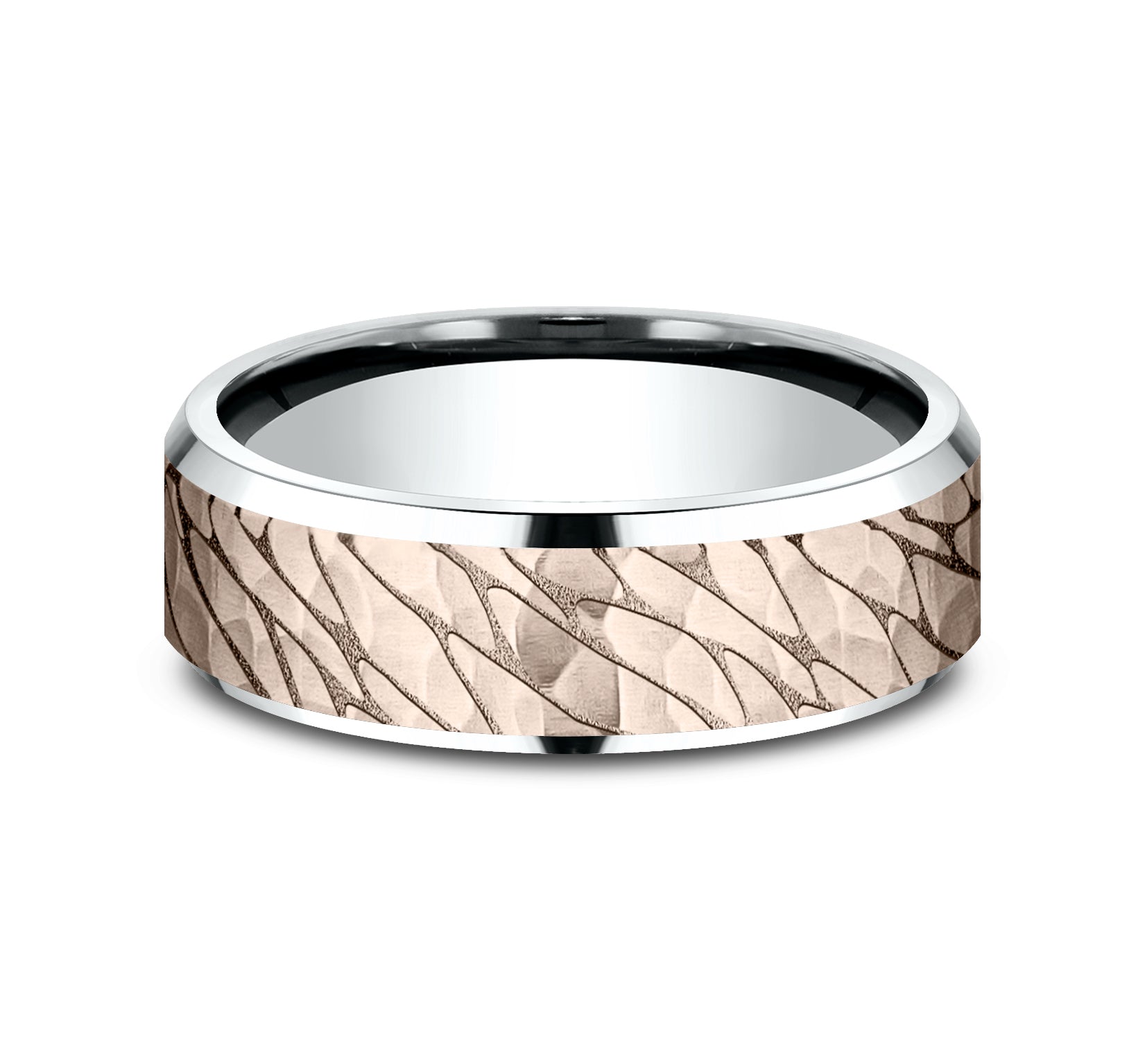THE LOCH 7mm, Lightweight comfort fit, 14K White and Rose Gold, Pebble pattern with hammered finish, polished bevel edges