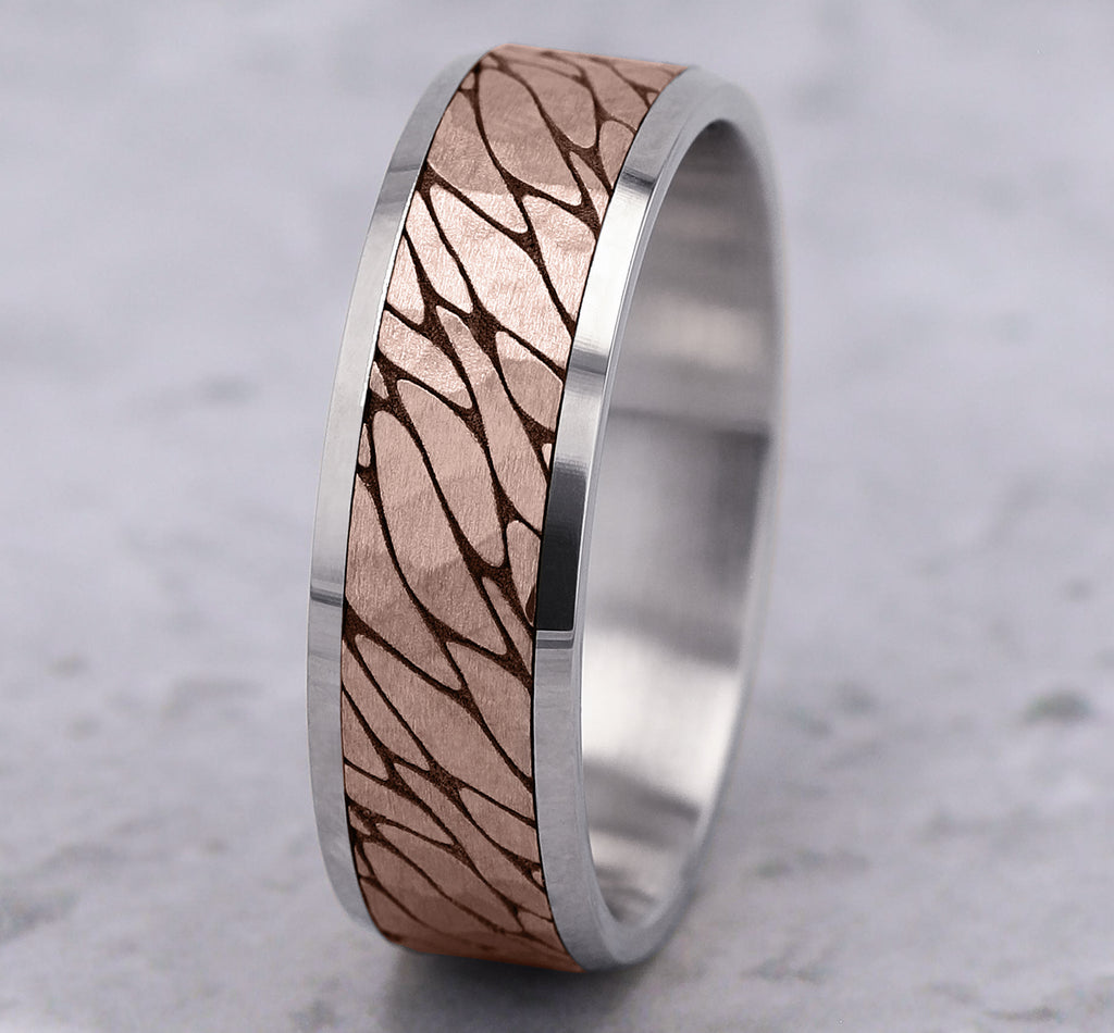 THE LOCH 7mm, Lightweight comfort fit, 14K White and Rose Gold, Pebble pattern with hammered finish, polished bevel edges