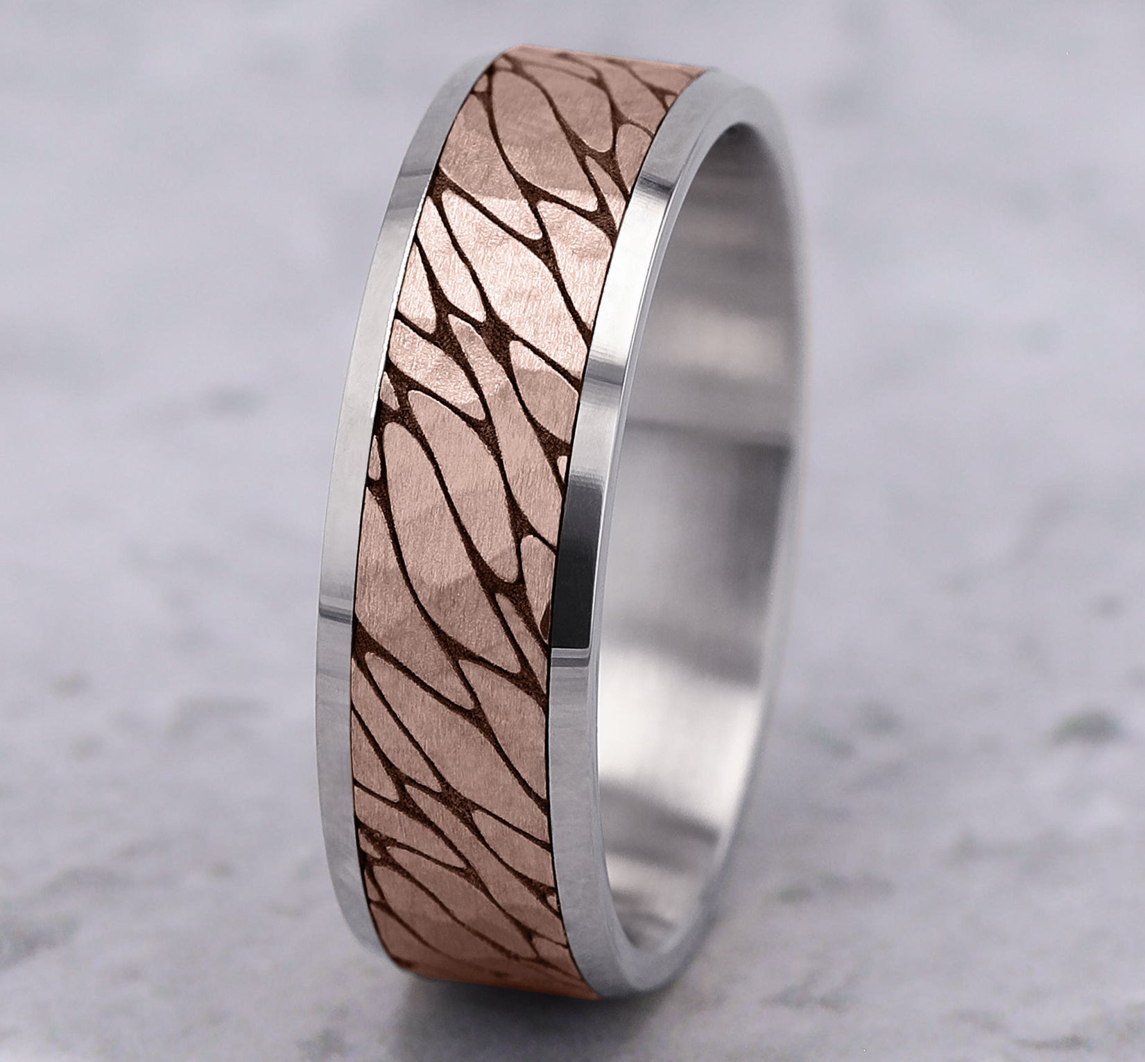 THE LOCH 7mm, Lightweight comfort fit, 14K White and Rose Gold, Pebble pattern with hammered finish, polished bevel edges