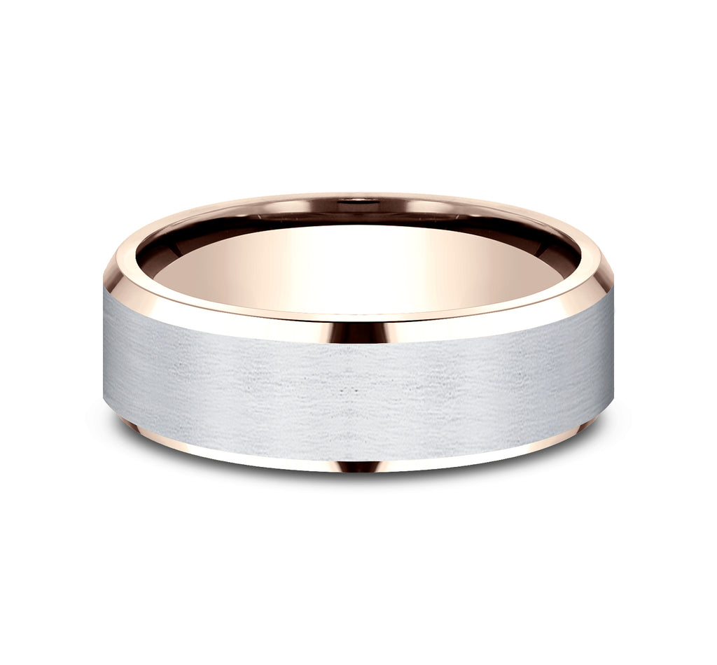 THE ROCKWELL 7mm, Lightweight comfort fit, 14K Rose and White Gold, Satin center, polished bevel edges