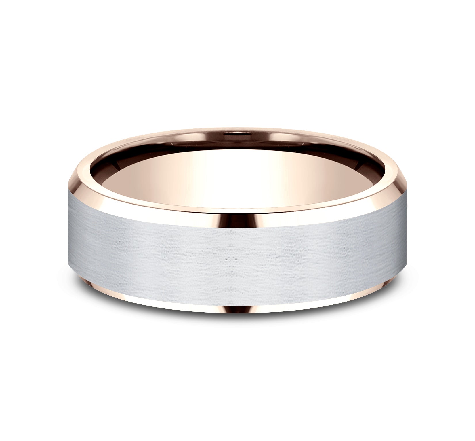 THE ROCKWELL 7mm, Lightweight comfort fit, 14K Rose and White Gold, Satin center, polished bevel edges